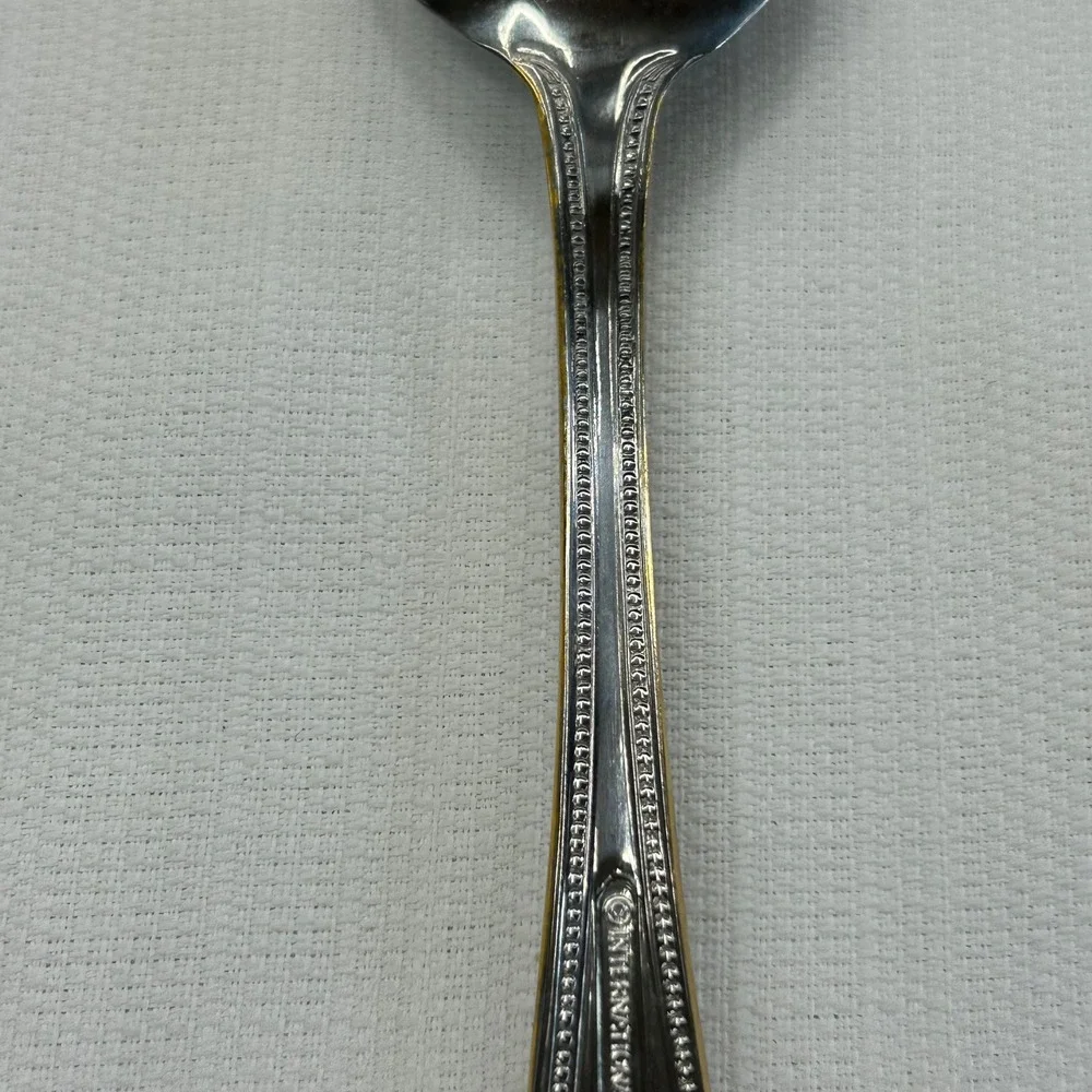 6 pc International Silver Royal Bead Gold Soup Tea Spoons Stainless Gold Trim